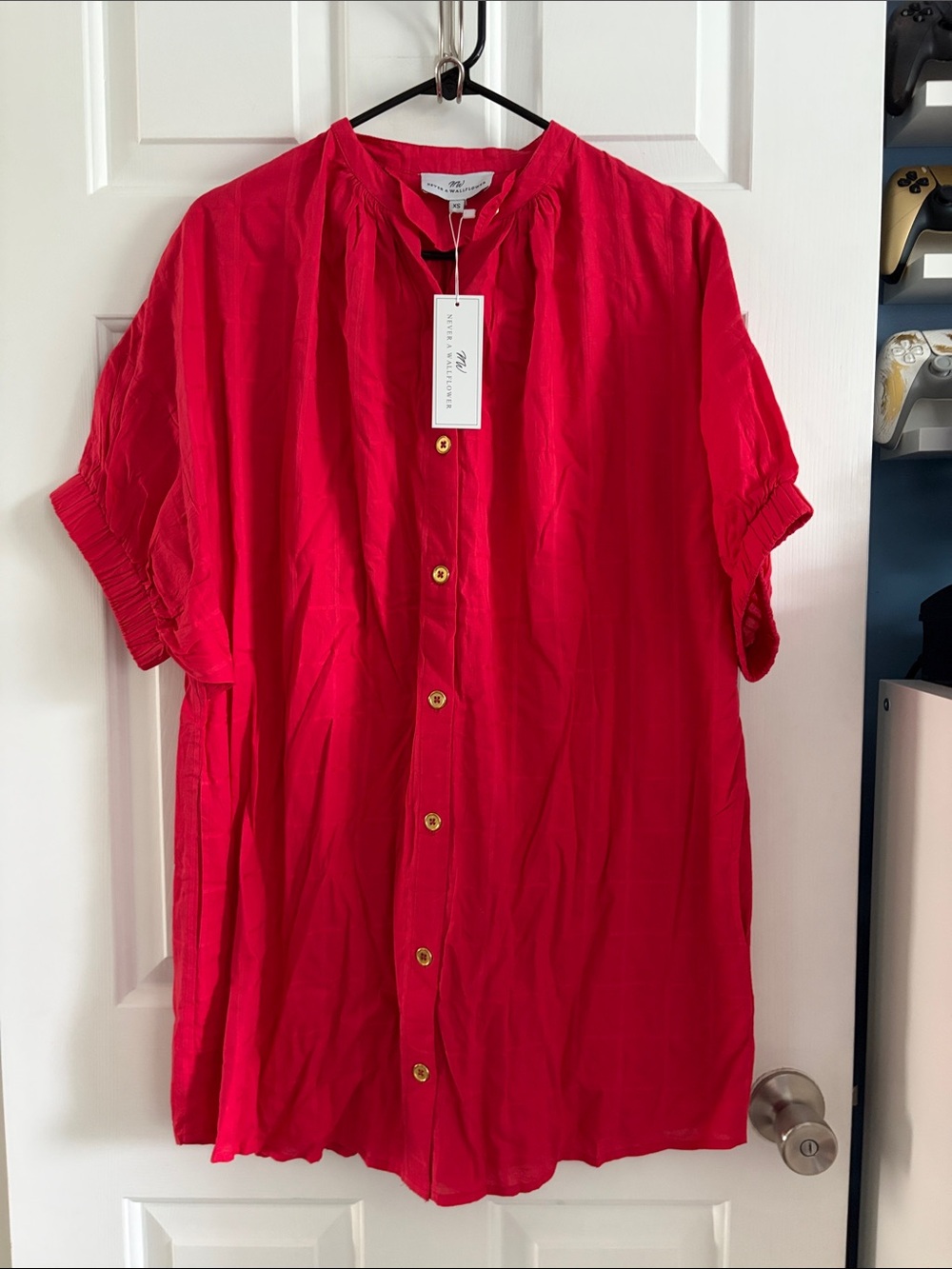 Never A Wallflower NEW Elastic Sleeve Cotton Poplin Red Dress Size XS